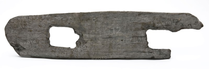 Oak construction fragment, with rounded ends and with two rectangular holes, building component soil found oak wood, w 5.0 cut