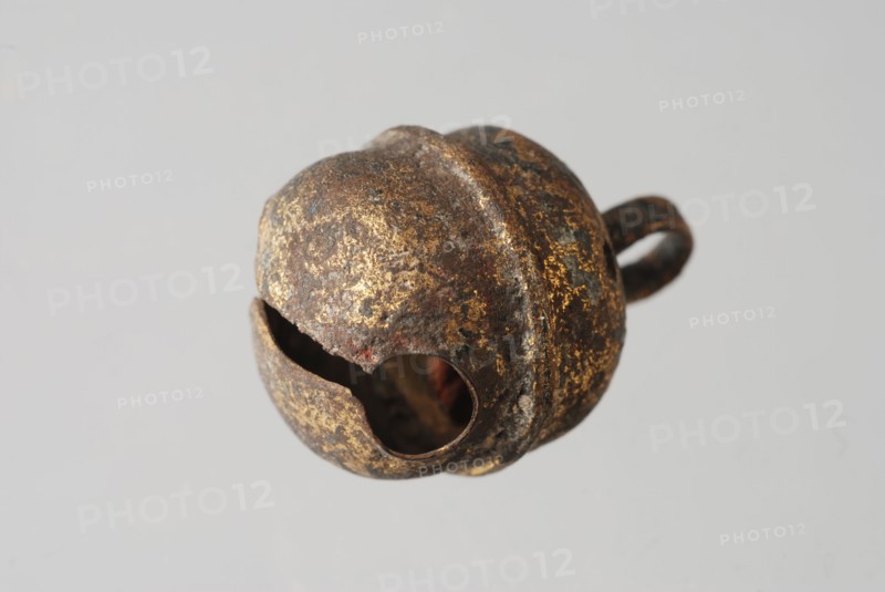 Brass bell, bubble soil find brass metal, shaped soldered Small round bell with suspension eye from strip metal the bell made