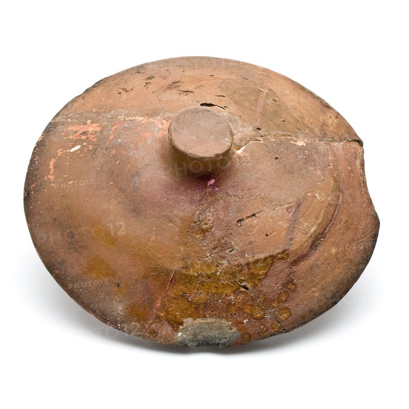 Earthenware lid with knob as handle, red shard, bevelled edge, lid closure bottomfound ceramic pottery, handdrawn frying lid Red