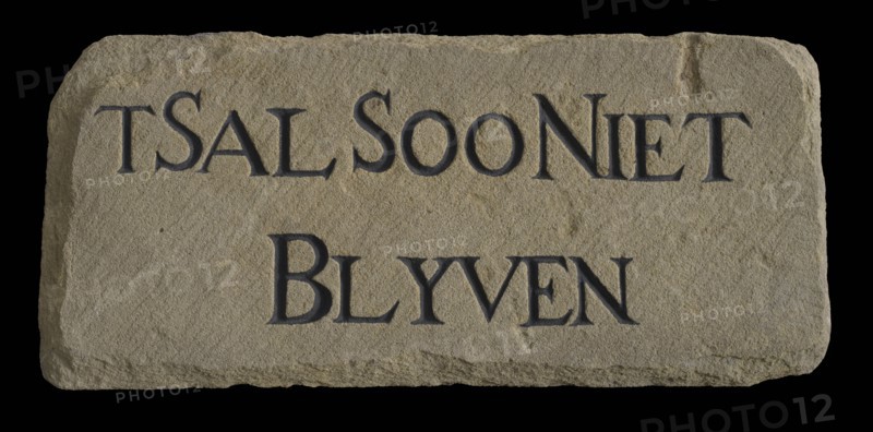 Facade stone with text T Sal Soo Not Blyven, facing brick building part stone 27,5, Rectangular flat letters chopped in. Edges