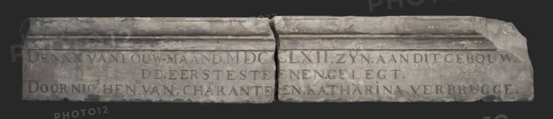 Johannis de Graef, First stone on relief of main entrance west side Burgerweeshuis, den XX of ... Verbrugge., first stone