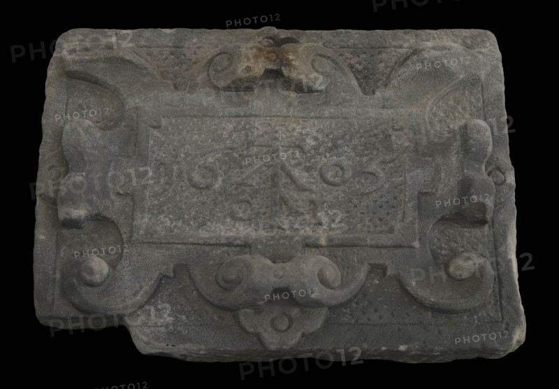 Facing brick with date 1605 and private label Claes Jansz in cartouche, facing brick foundation stone sculpture sculpture