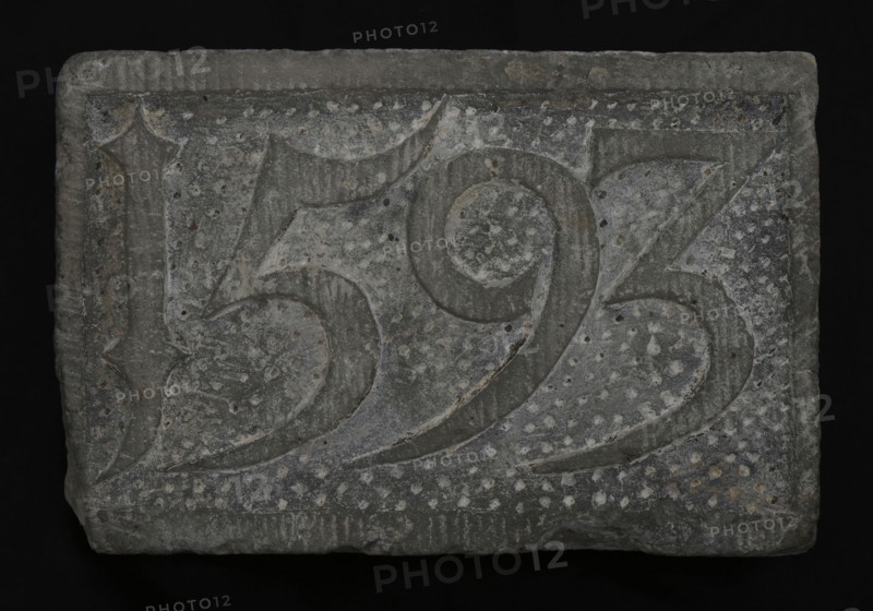 Facing brick with date 1593, facing brick first stone building component sandstone stone, chopped Rectangular flat frame
