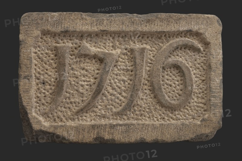 Facing brick with date 1716, facing brick foundation stone building component sandstone stone, minced rectangular frame and year