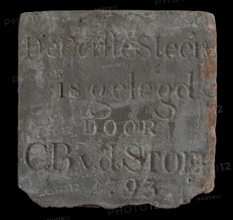 Facade stone with text The First Stone was laid by CB vd Stoel 1793, facing brick first stone building component ceramic pottery