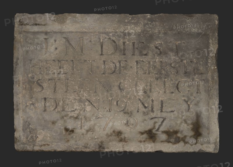 Facing brick with text J.M. Diest laid the first stone on 19 May 1797, facing brick first stone building component sandstone