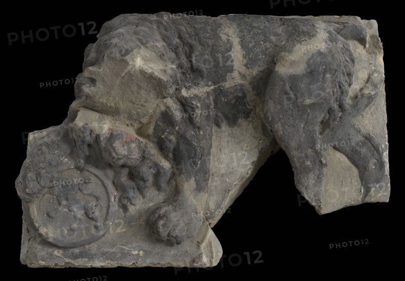Fragment of facing brick, lion resting on tons, on which lion, facade stone sculpture sculpture building component sandstone