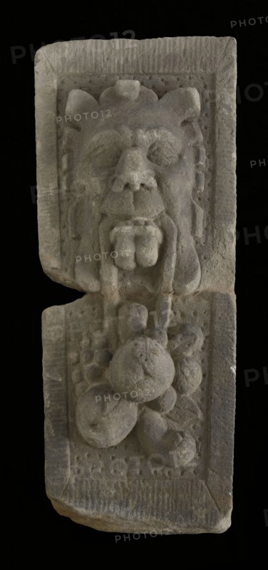 Cornerstone with gable head, satyr with fruit, keystone gable ornament building component sandstone stone, sculpted