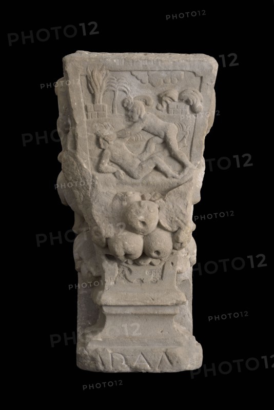 Console with representation Cain and Abel, ornament building component sandstone stone, sculpted Inverted pyramidal shape