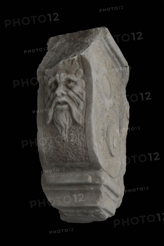 Fragment console with male head, console building element sandstone stone, sculpted Console with at the top and bottom side