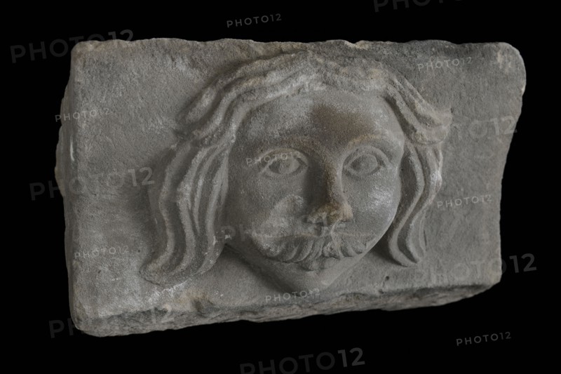Console, male head with mustache, console building element sandstone stone, sculpted