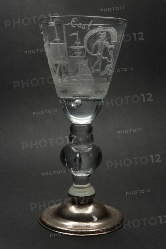 Goblet engraved with three-master, Fortuna, Prosperitij to the East India Companij and Duke of Cumberland, wine glass drinking
