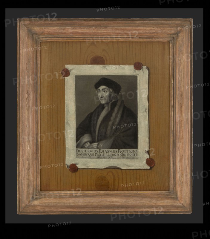 Edwaert Collier, Portrait of Desiderius Erasmus painted as trompe-l'oeil paper sealed on shelf, portrait painting material