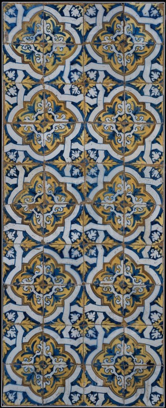 Ornament tile, tile field of forty pieces, ten high, four wide; multicolored, diagonal decor with wickerwork, tile field wall