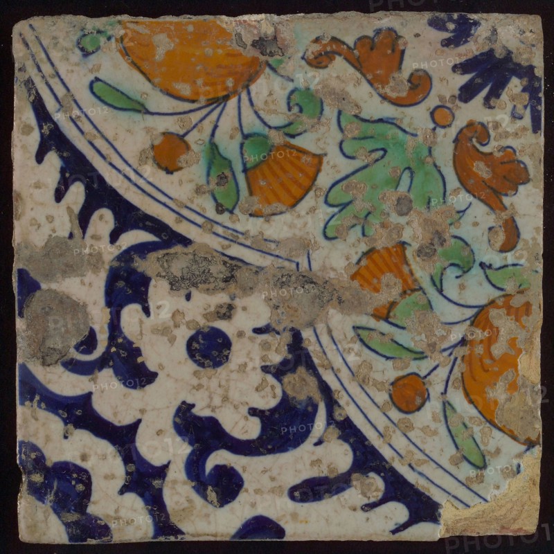 wall tile tile sculpture ceramic earthenware enamel, baked 2x glazed painted Yellow and red square two and four nail holes