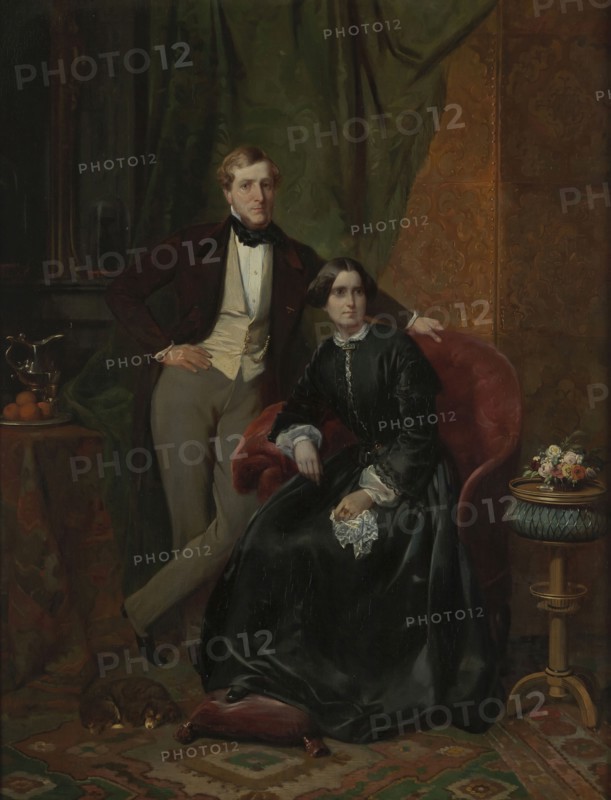 J. Hanpa?, Portrait of an unknown couple, sitting lady, gentleman standing diagonally behind her, group portrait portrait