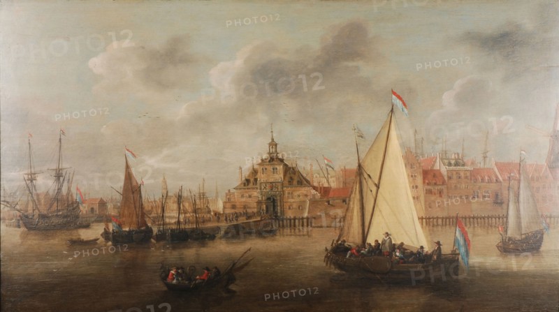 Hendrick Martensz Sorgh?, View of the Ooster Oudehoofdpoort from the Maas, Rotterdam, cityscape painting footage paint oil