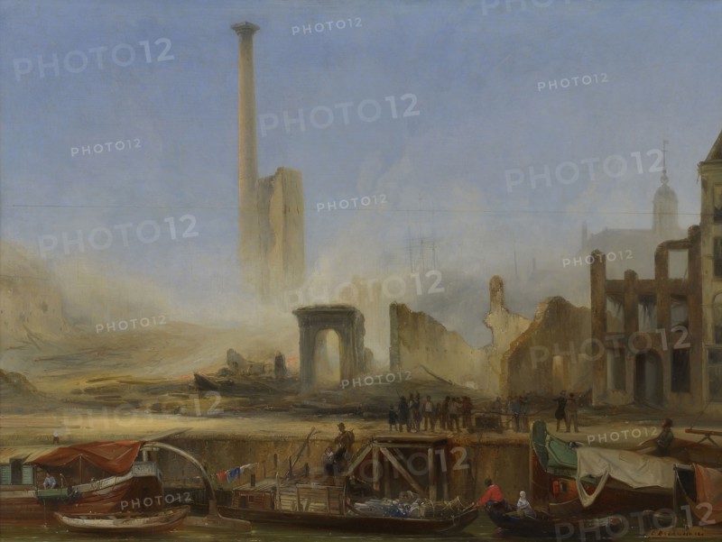 Charles Rochussen, View of the Leuvehaven Wz after the fire at the steam sugar refinery of P.H. Tromp, Rotterdam, cityscape