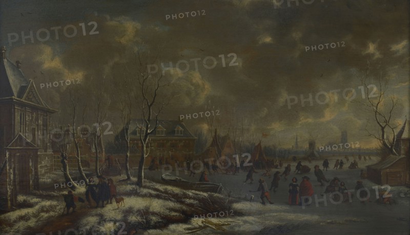 J. Storck, Winter view of Rotterdam with Huis Crooswijk on the Rotte, cityscape painting wood oil painting gold, Panel