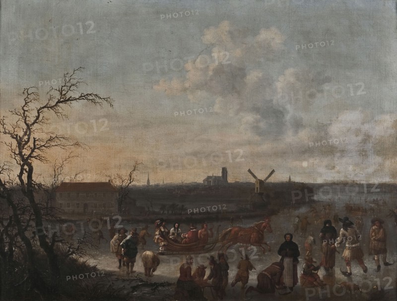 Dionys Verburg, IJsvermaak on the Rotte, Rotterdam with the Laurenskerk in the background, painting visual material paint oil