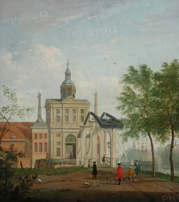 Nicolaes Muys, Witte Poort (Wester Nieuwehoofdpoort), seen from the south, Rotterdam, cityscape painting wood painting, Oil