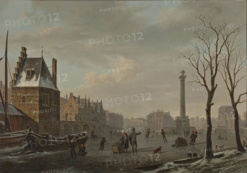 Bartholomeus J. van Hove, Pompenburg with Hofpoort in winter, cityscape painting painting material wood oil, Painting landscape