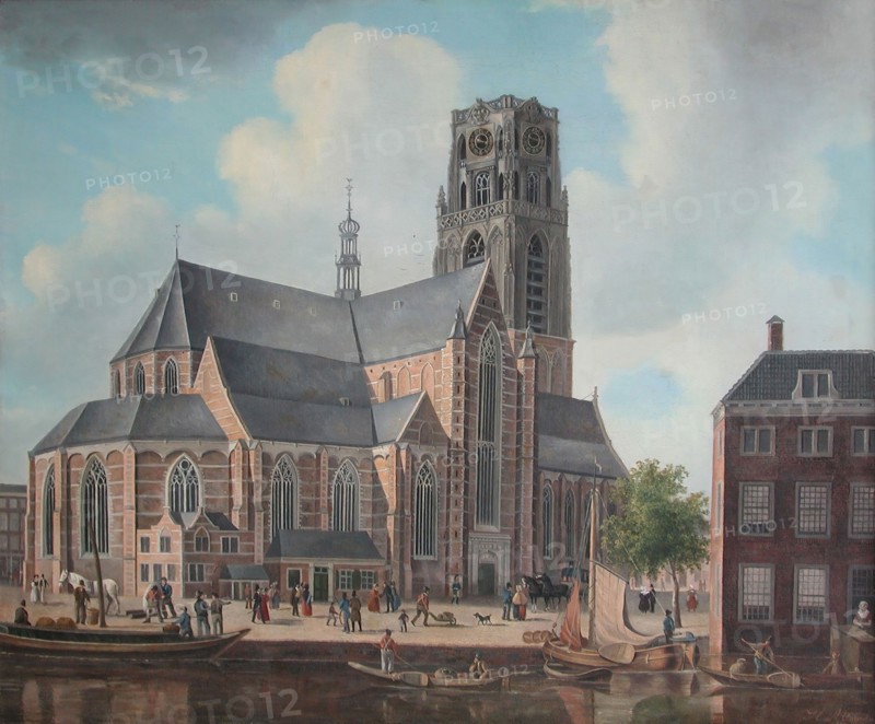 Hendrik Altmann, View of Laurenskerk seen from the Binnenrotte, Rotterdam, cityscape painting painting material linen oil paint
