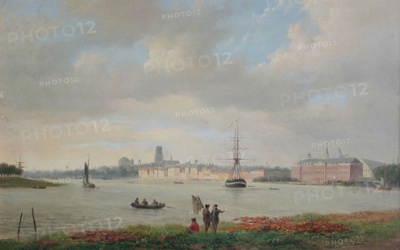Bart J. van Hove, View of the Maas from the southeast with the right 's Rijkswerf (Admiralty yard), Rotterdam, cityscape