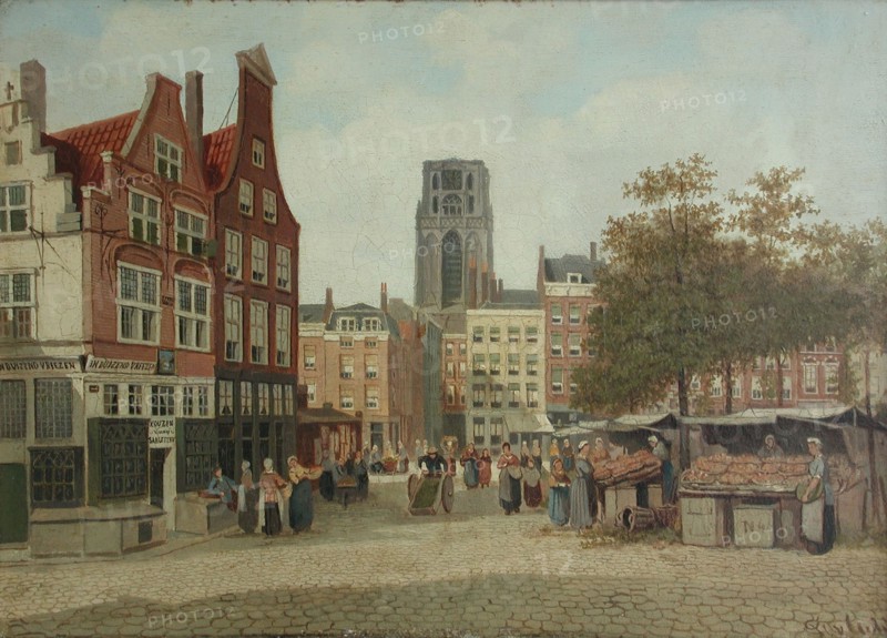 Franciscus Lodewijk van Gulik (Maastricht 1841 - Rotterdam 1899), The Grotemarkt on market day with the house In Duizend Vreezen