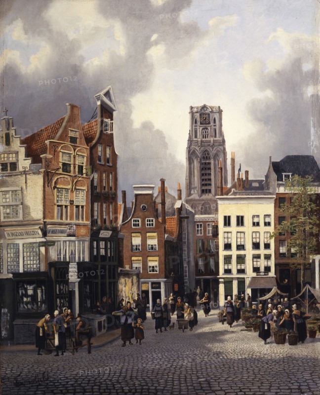 Franciscus Lodewijk van Gulik (Maastricht 1841 - Rotterdam 1899), The Grotemarkt on market day with the house In Duysent Vreesen