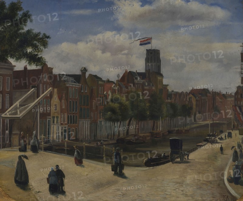 Jan Bikkers, View of the Delftsevaart and the Haagseveer, Rotterdam, cityscape painting footage paper cardboard paint