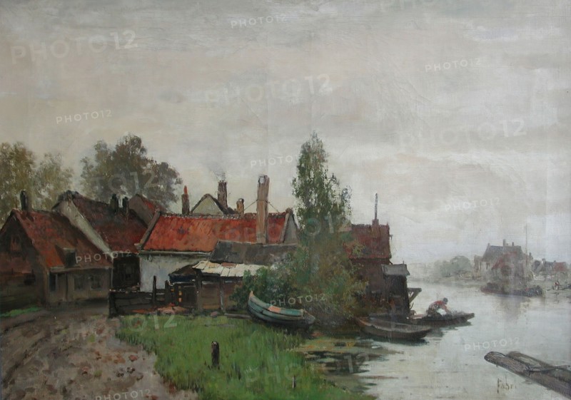 Willem Adrianus Fabri, Old Swan neck on the Rotte, Rotterdam, village view painting material linen oil painting wood 50,0 w 70,0
