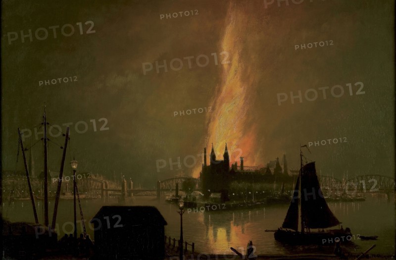 Rein Miedema, View of fire on the North Island at night, cityscape painting material linen oil painting wood 40,5 w 61,0 Oil
