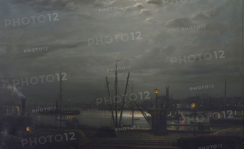 Rein Miedema, View of the Maas and the Noordereiland from the Oosterkade by night, Rotterdam, cityscape painting visual material