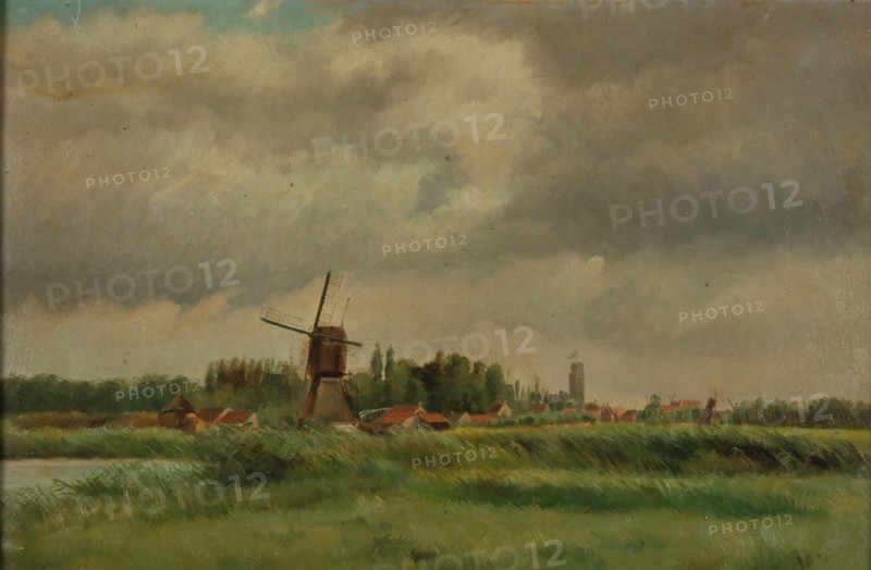 Jan Bikkers, Rotte or Schie with mill and the Laurenskerk in the distance, Rotterdam, village view painting material oil