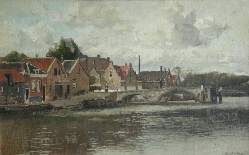Johannes Christiaan Karel Klinkenberg, Bridge at Overschie, Rotterdam, village view painting material oil paint linen, Signed