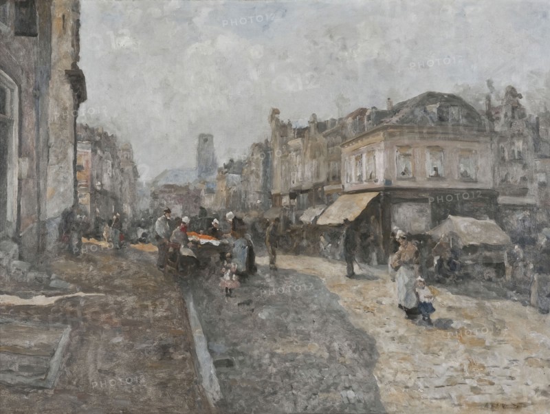 Adriaan de la Rivière, Market day at the Achterklooster, Rotterdam, cityscape painting art oil painting linen, Painting