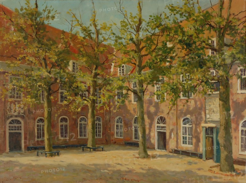 Jan Sirks, Inner courtyard of the Reformed Burger Weeshuis in Rotterdam, painting visual material oil paint linen, Signature