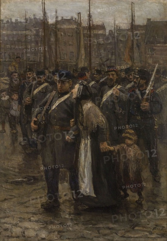 painter: Isaac Israels (Amsterdam 1865 - Den Haag 1934), The transport of colonials from Rotterdam, cityscape painting wood