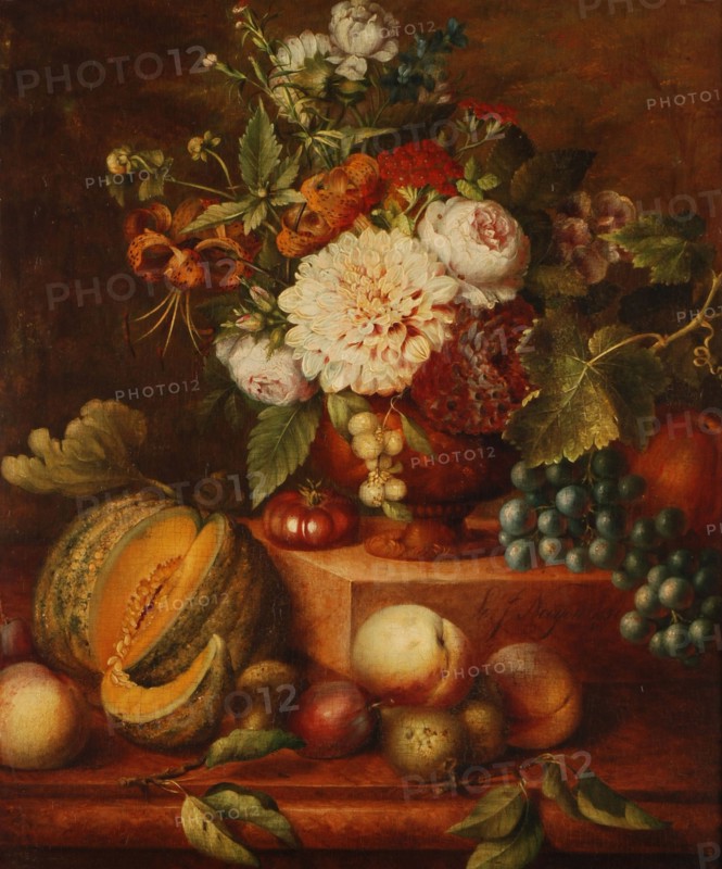 Lodewijk Johannes Nooijen, Still life of flowers and fruits, still life painting visual material wood paint oil paint, Standing
