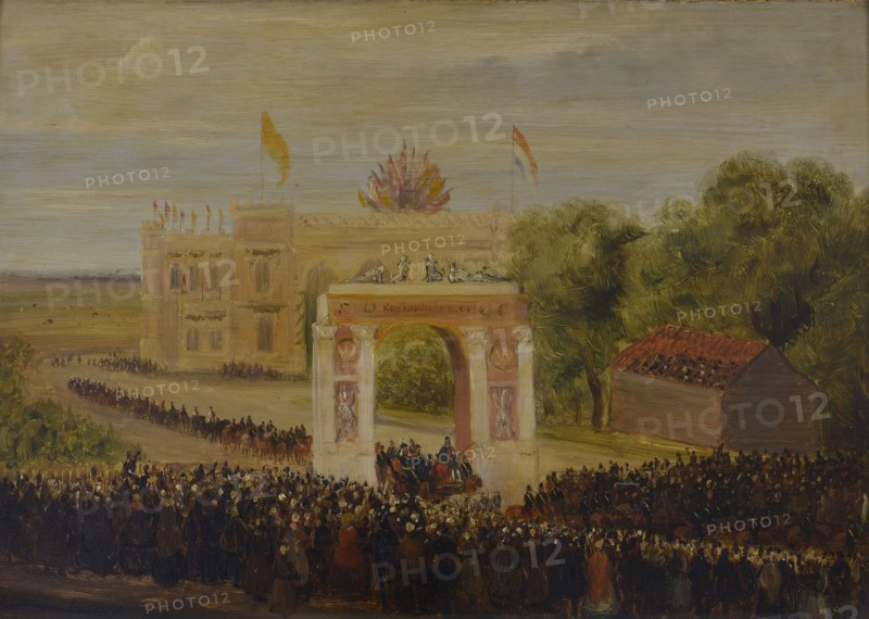 N.J. Rooseboom, Entry Willem III on the Hofplein, Rotterdam, cityscape painting wood gypsum gypsum oil painting, house