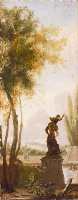 Jan Stolker, Wallpaper glued to cabinet-door panel with representation of parkland with statue of Hercules and Caecus, door