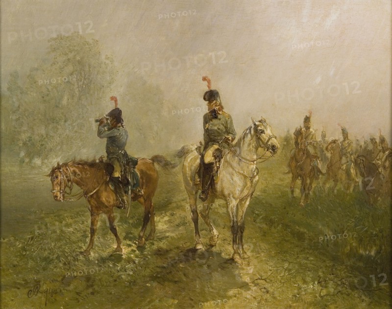 Charles Rochussen, Riders on reconnaissance, painting visual material wood oil, Landscape rectangular painting of some men