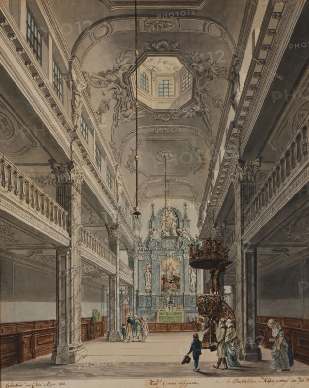 Christoffel Meijer, Interior Paradijskerk seen from the nave to the choir, in gilded frame with ornament edge, Rotterdam, print