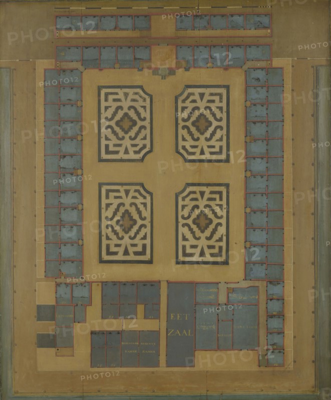 Map of the Leproos- and Proveniershuis in Rotterdam, painting visual material map information form wood oil paint, Oil paint