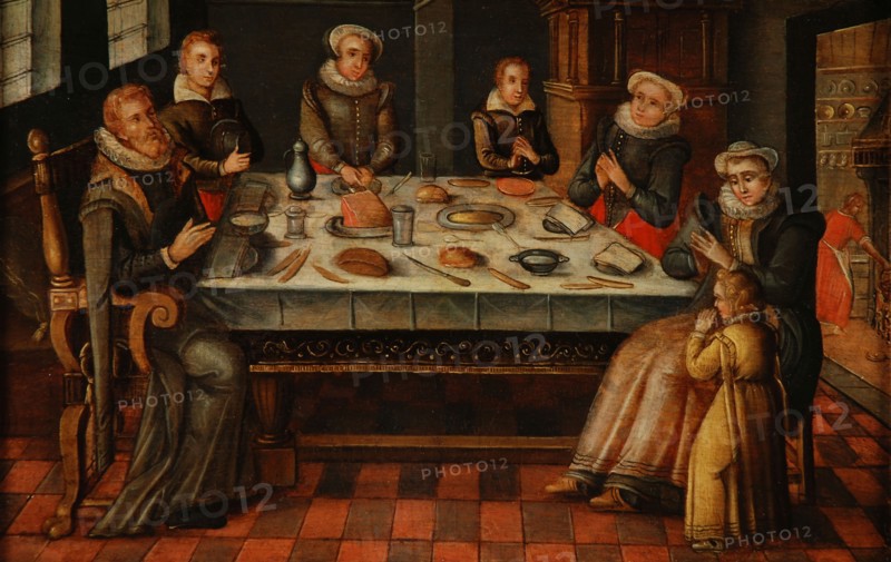 Company at the meal, painting footage wood oil, oil painting on panel in wooden profile frame eating