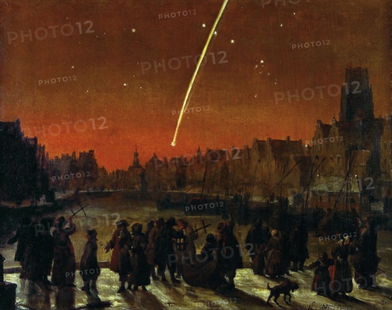 Lieve Verschuier, Tail star (comet) above Rotterdam, cityscape painting visual material paint oil painting wood, Oil on panel