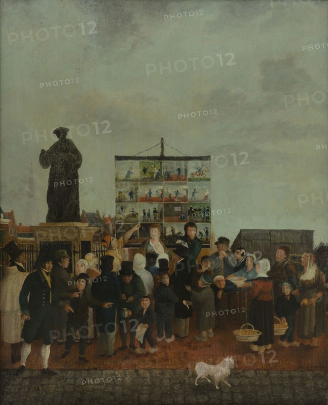 I.T. van der Vooren, Roll singer Lange Jan at the statue of Erasmus on the Grotemarkt, Rotterdam, cityscape painting visual