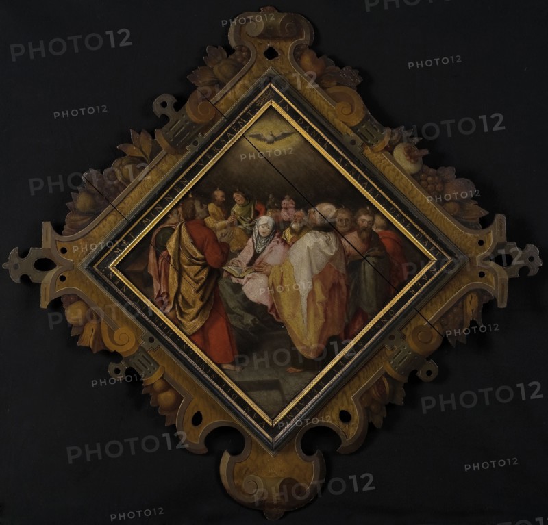 Diamond-shaped rhetoric with gold-colored vase on one side, banderole with inscription, arms of Holland and Rotterdam