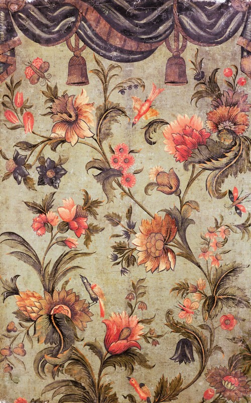 Wallpaper with floral motifs and birds, painting wallpaper footage wood linen paint oil paint h 134.0 w 85.5